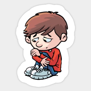sad and depressed boy sits curled up on the ground Sticker